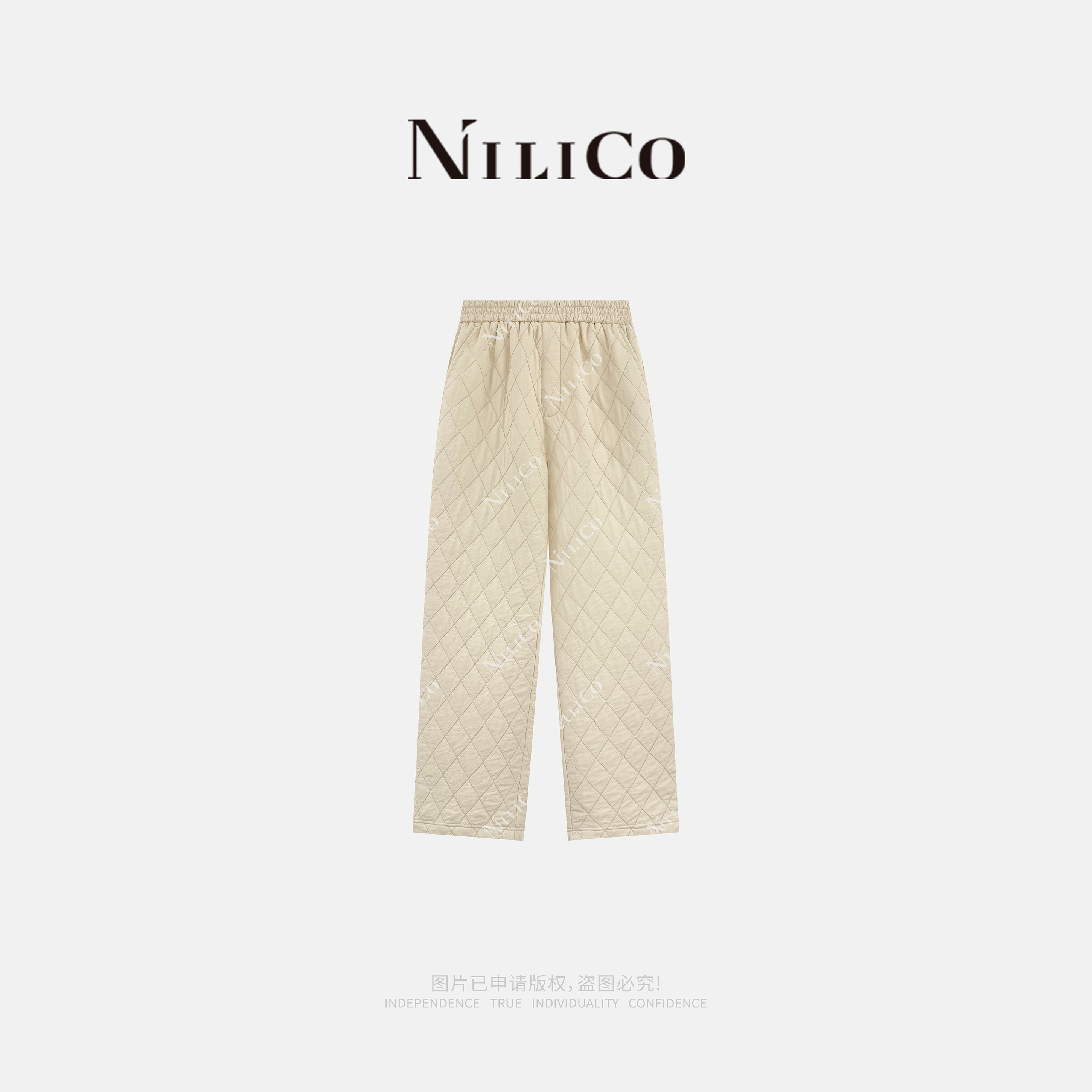 NILICO陈媚【雪羽】提花经典菱形格夹丝棉休闲直筒裤