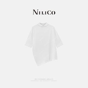 NILICO陈媚 气质老钱半高领正肩T恤显瘦茧型休闲上衣女 聚焦美