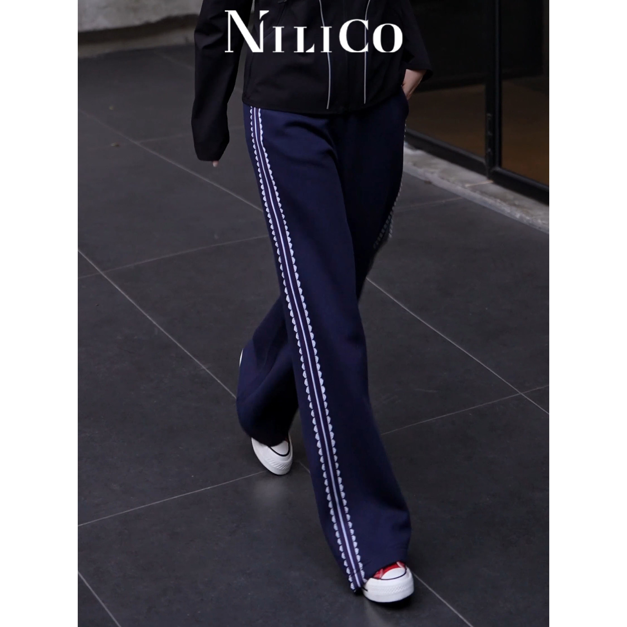 NILICO陈媚【青春波动】时尚休闲条纹花边拼接运动直筒针织裤