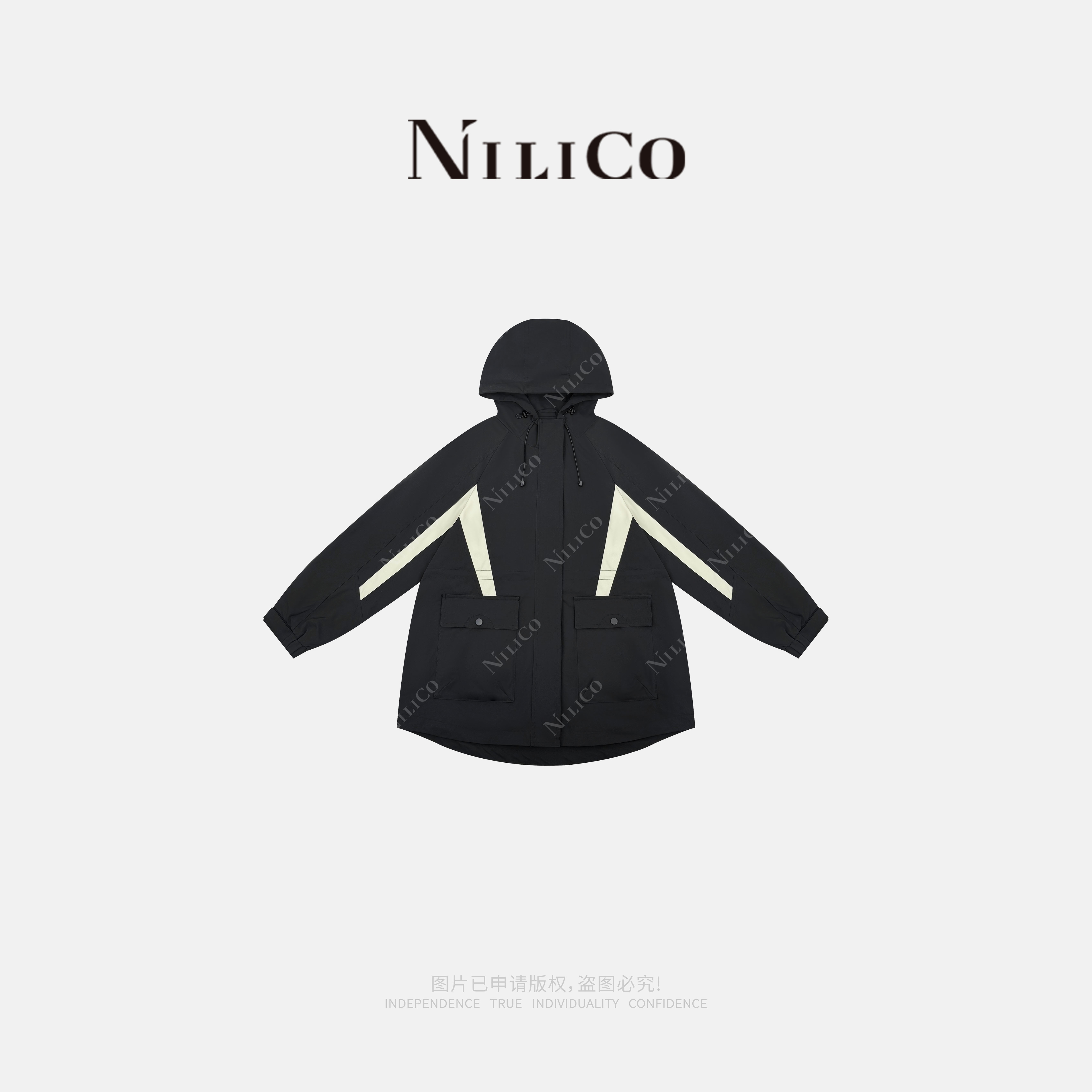 连帽户外经典山系黑自拼色冲锋衣