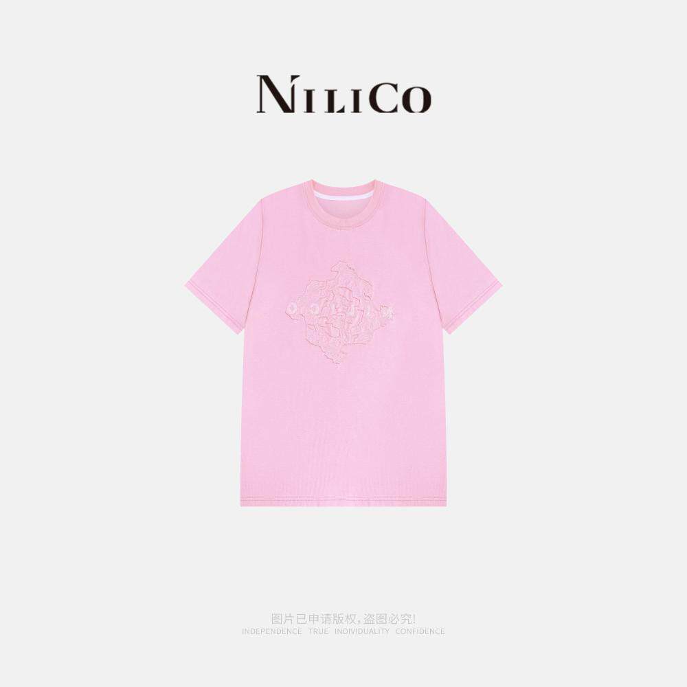 NILICO陈媚【桃花】休闲版桃粉色T恤女夏季重工刺绣珠片短袖上衣