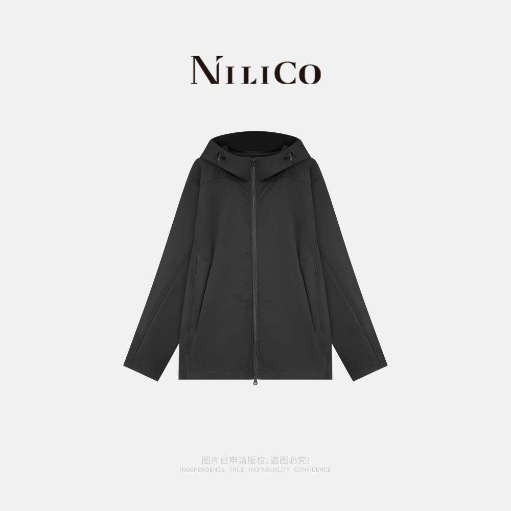 NILICO陈媚【星沉】黑色连帽拉链户外冲锋衣运动风宽松长袖短外套