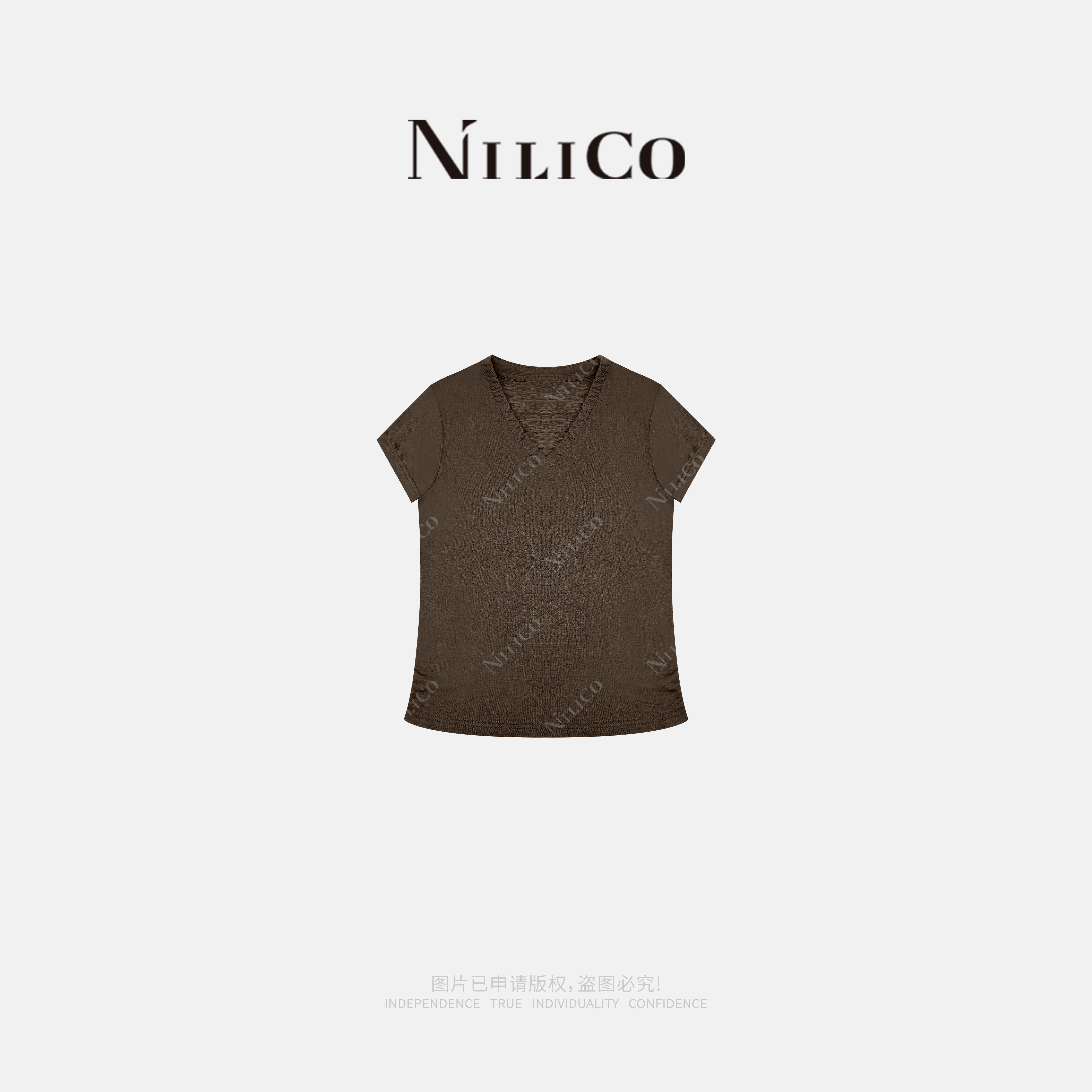 NILICO陈媚【垂云】莱赛尔褶皱V领修身短袖T恤