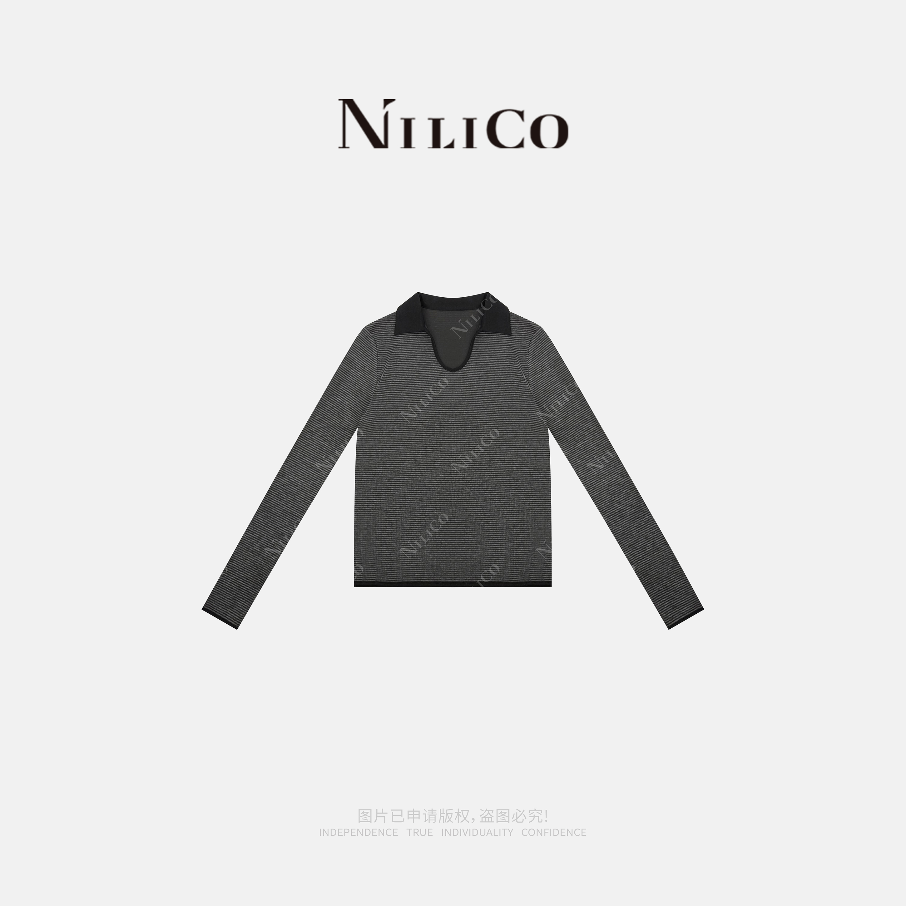NILICO陈媚【夜曲】秋冬长袖修身V领黑灰撞色条纹打底衫上衣