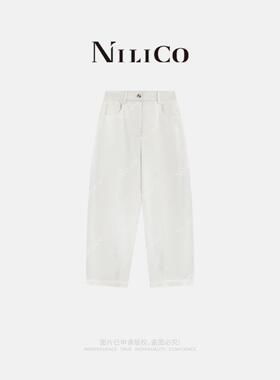 NILICO陈媚【柔白】宽松休闲素雅风弯刀牛仔裤女夏白色直筒阔腿裤