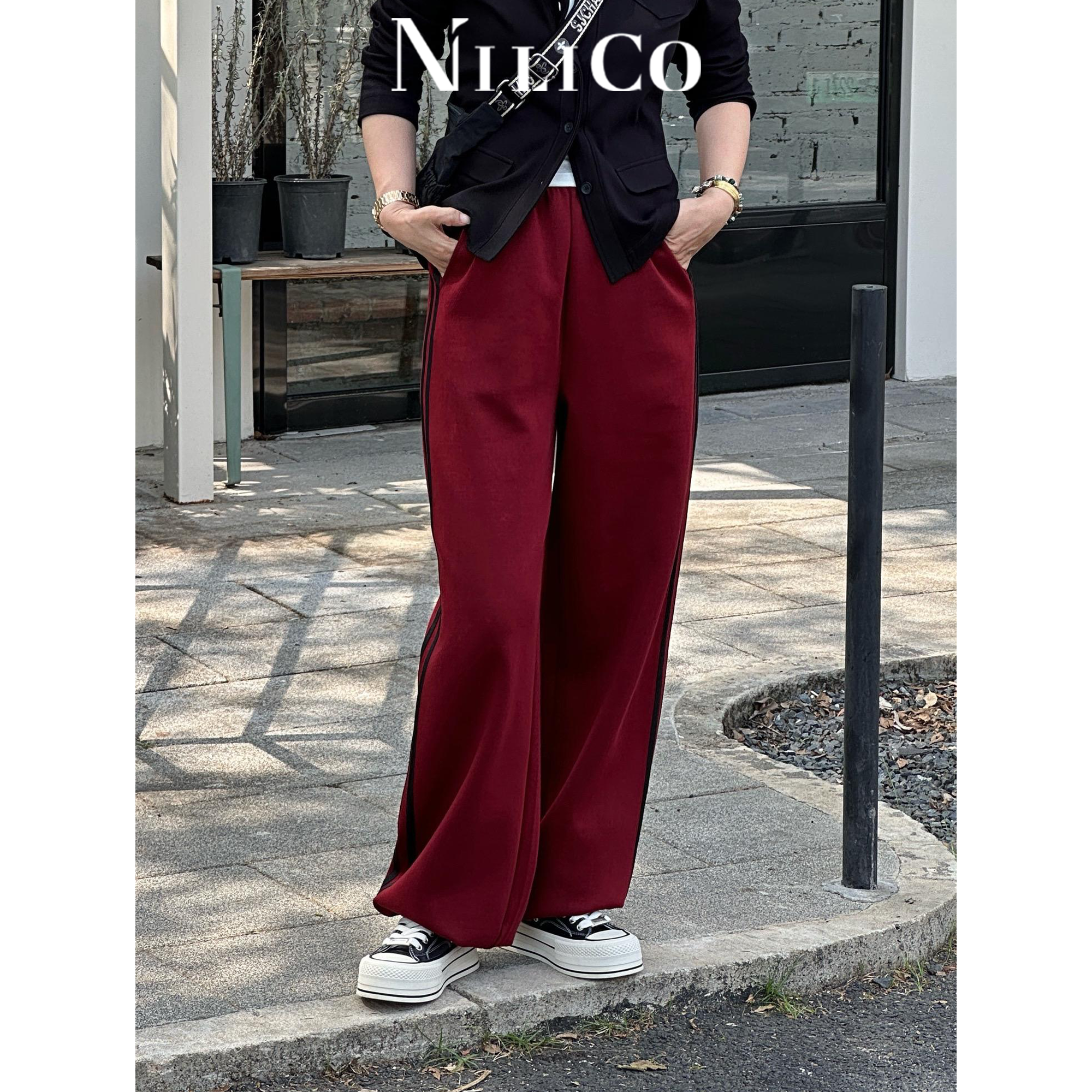 NILICO陈媚【热舞】活力侧拼条纹显瘦休闲裤女夏季针织直筒阔腿裤
