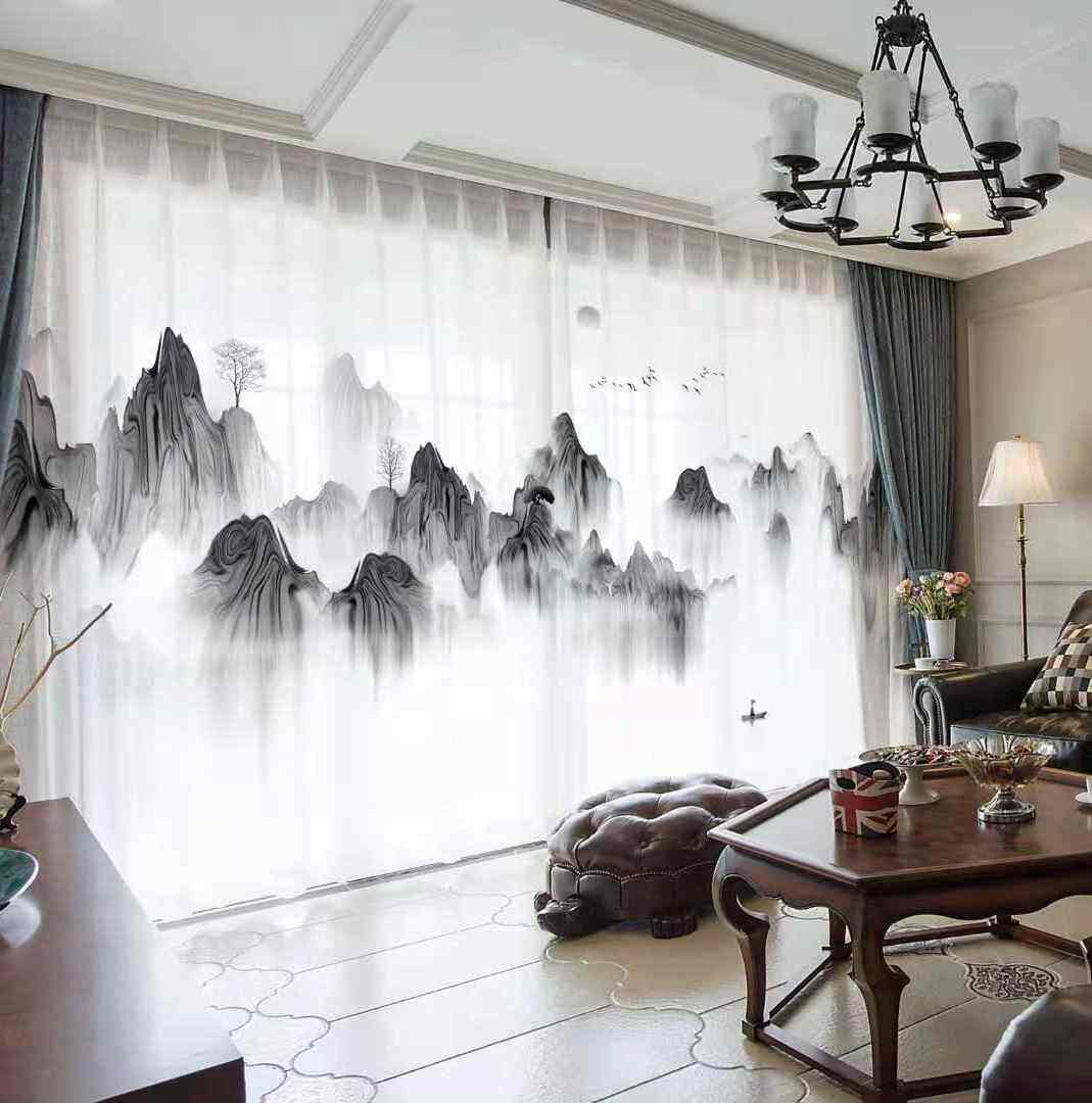 半遮光不透人纱帘数码印花窗纱古典中式中国风山水画3D水墨画窗帘属于什么档次？