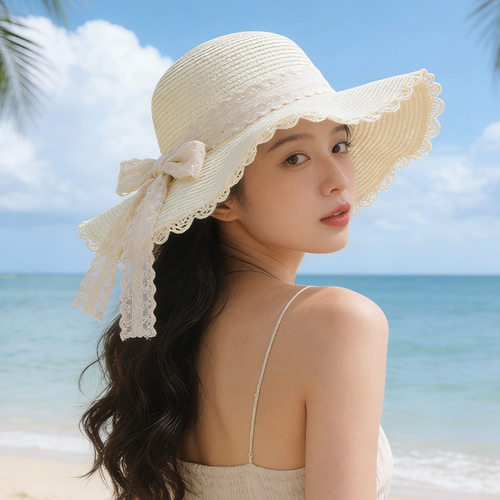 蝴蝶结蕾丝波浪边草帽女夏天海边沙滩大帽檐度假风防晒遮阳太阳帽