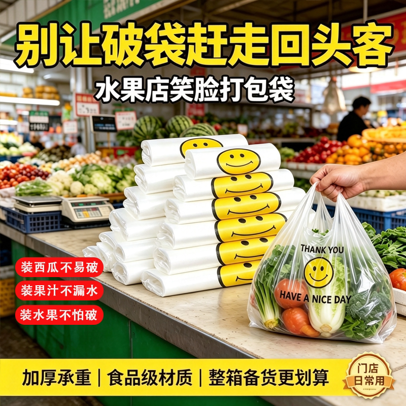 水果店专用笑脸塑料袋加厚承重防漏汁生鲜果蔬市场透明购物袋批发