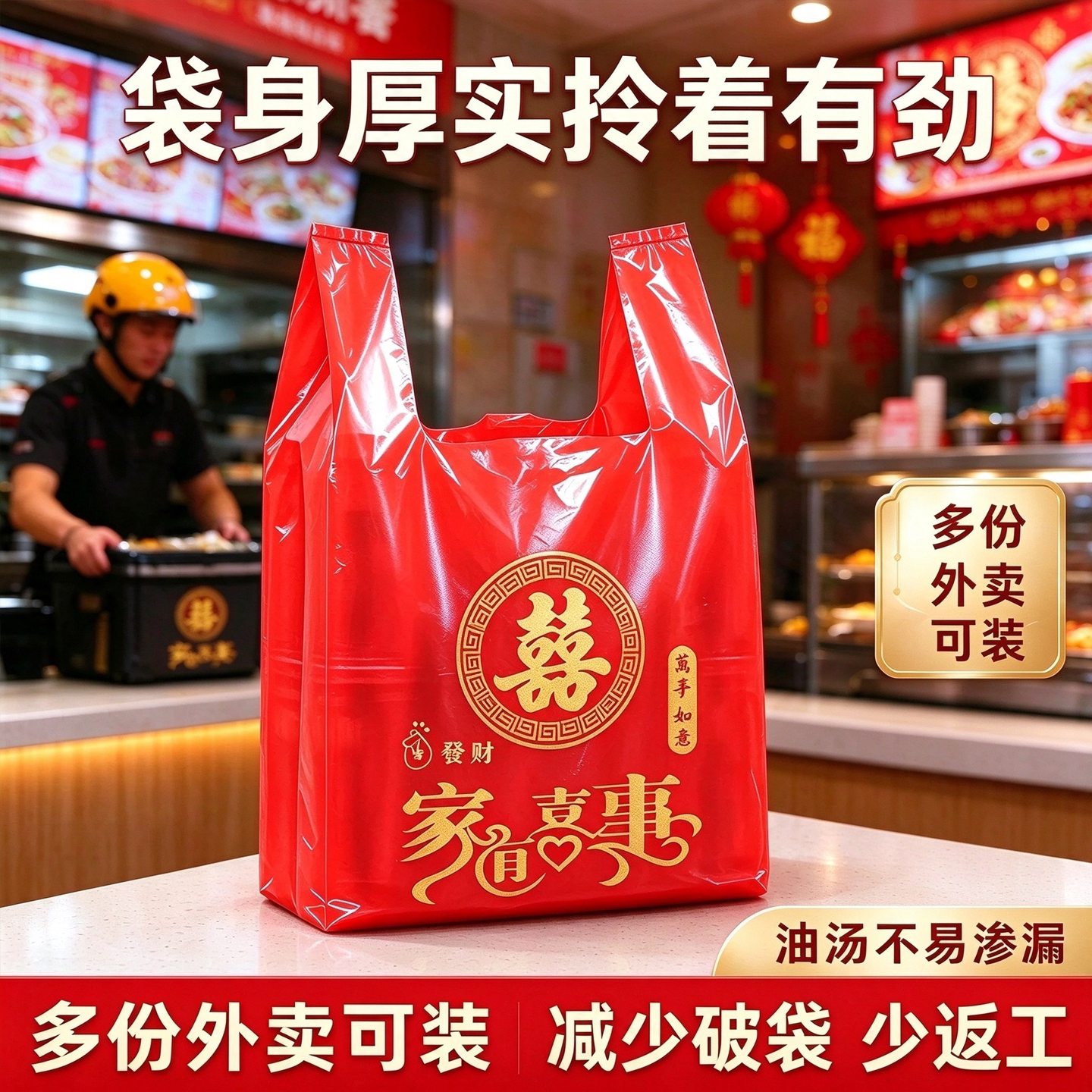 金福恭喜发财红背心袋冒菜凉菜外卖打包袋加厚防油商用食品塑料袋
