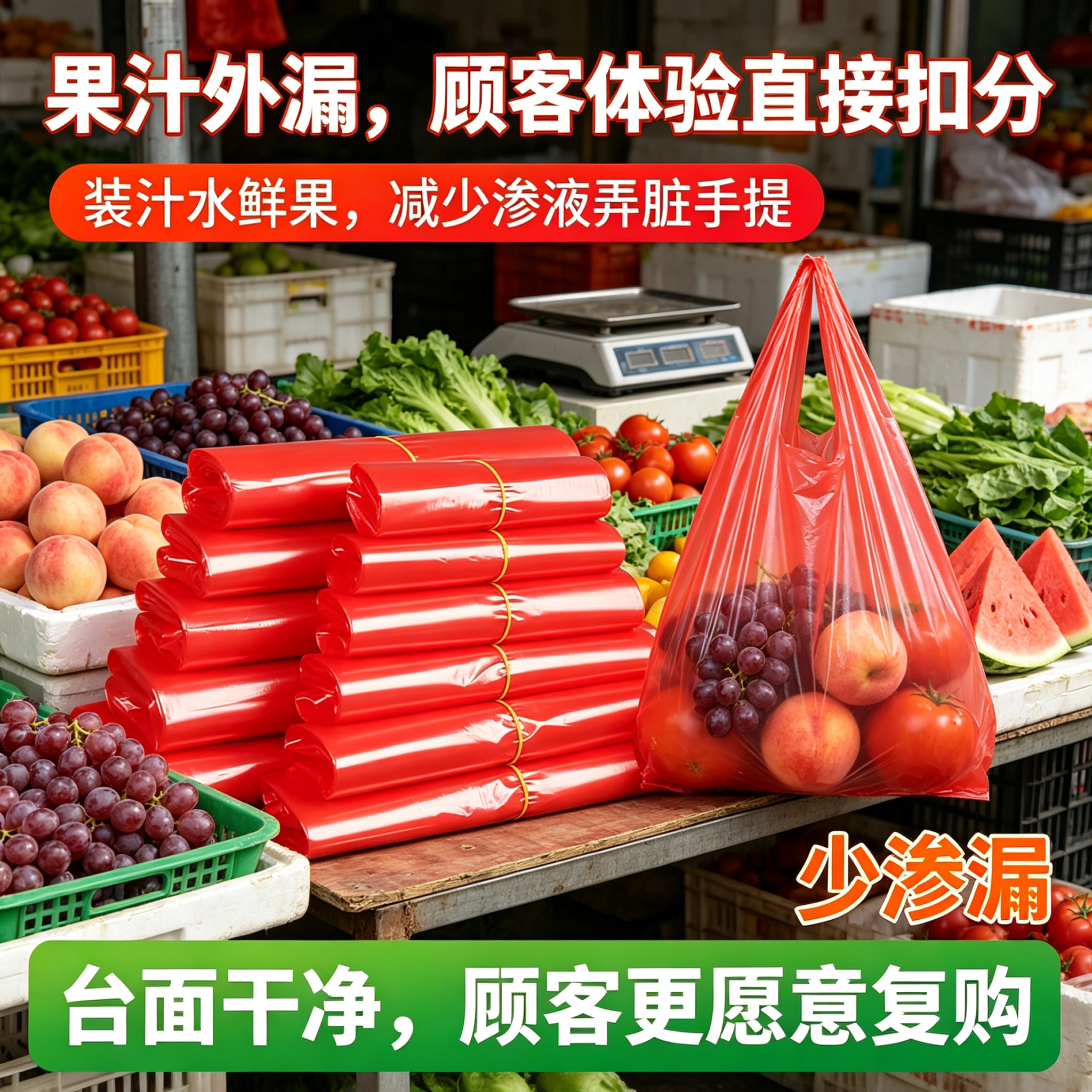 红色 PE 商用背心塑料袋生鲜水果店打包袋加厚耐拉扯防漏装果袋子