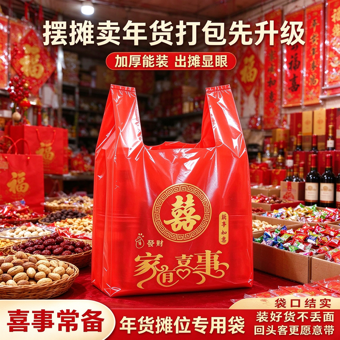 过年福字红背心袋恭喜发财新春串门送礼大容量加厚塑料手提打包袋
