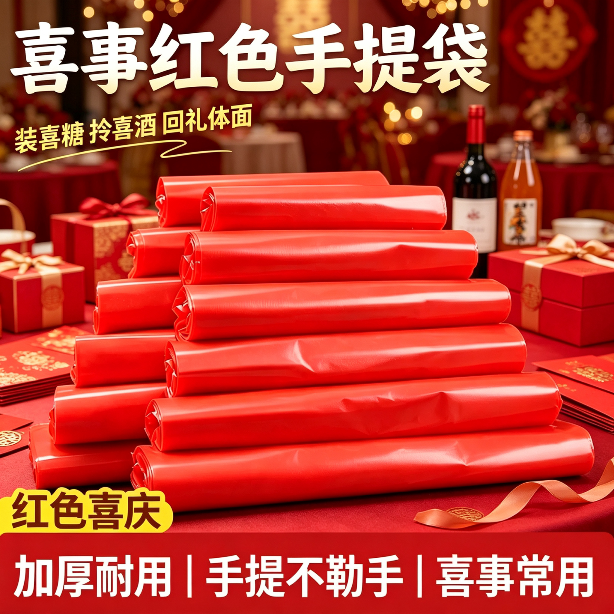 喜事红色手提袋塑料袋酒席宴席剩菜打包袋喜糖婚庆礼品背心袋批发
