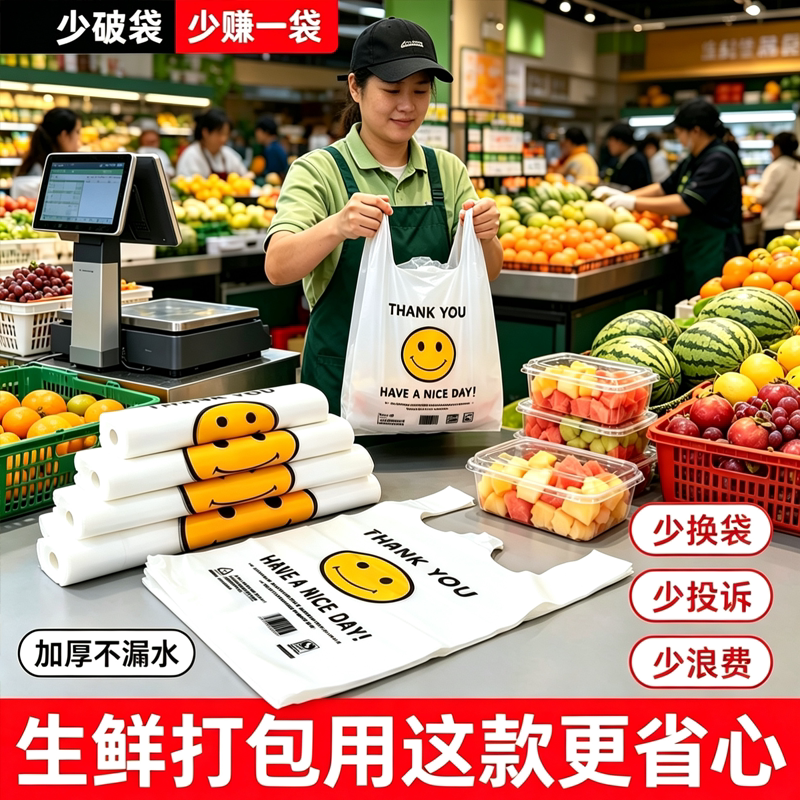 生鲜超市笑脸塑料袋批发加厚防漏水果切摆摊商用背心式手提购物袋