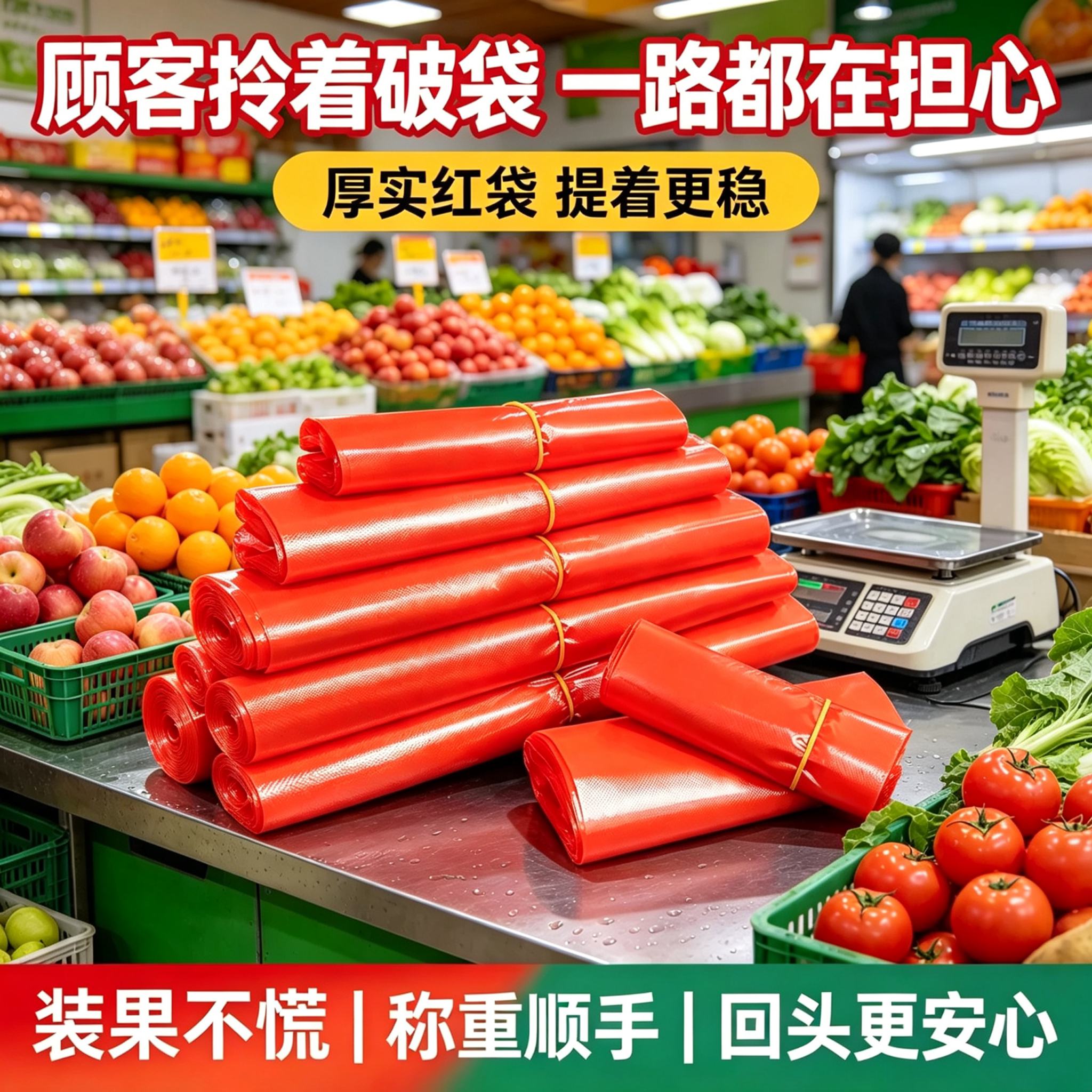 红色PE果蔬袋散称打包塑料袋生鲜摊水果店商用称重手提加厚背心袋