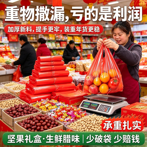 乡镇集市年货手提袋红袋年货摊炒货糖果礼盒承重商用塑料袋背心袋