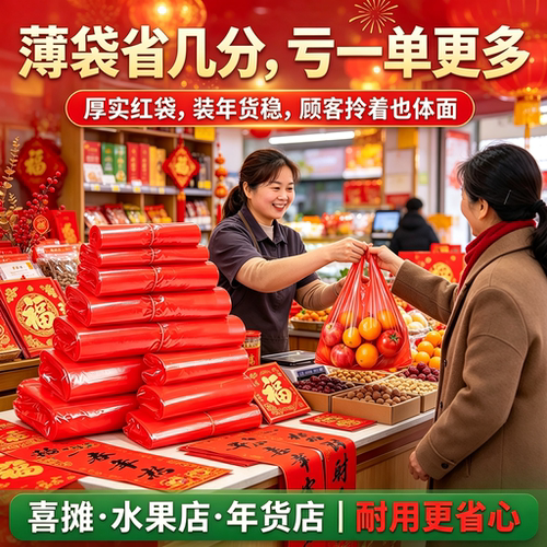 年货集市喜礼打包袋红袋干果摊分装坚果鲜果袋耐拉扯塑料袋背心袋