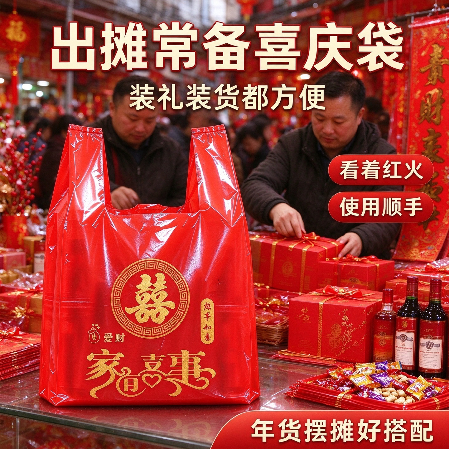 新春打包袋红喜背心袋商超副食店专用烫金图案年货礼品塑料方便袋