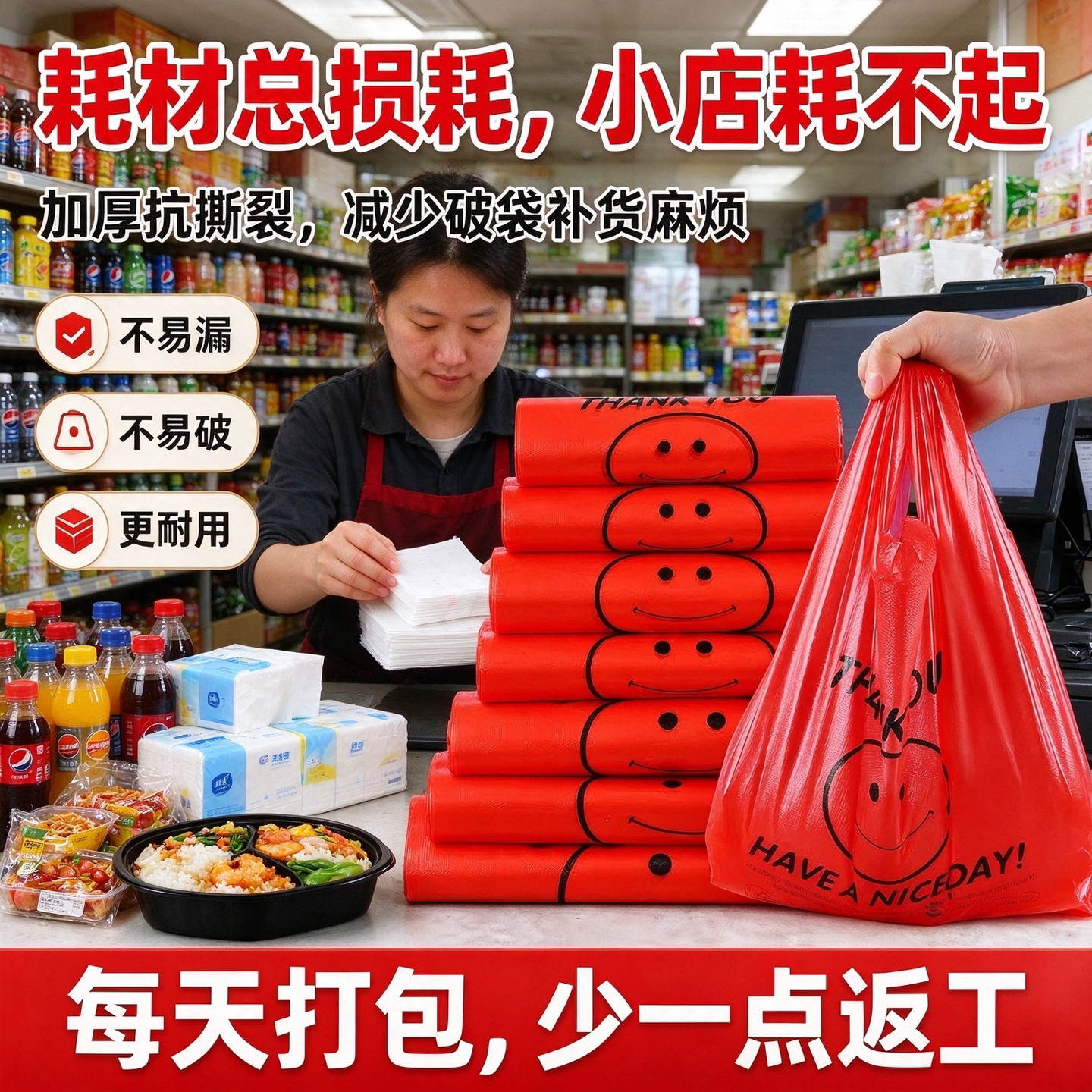 红色笑脸塑料袋商超便利店收银手提背心袋副食店一次性打包购物袋