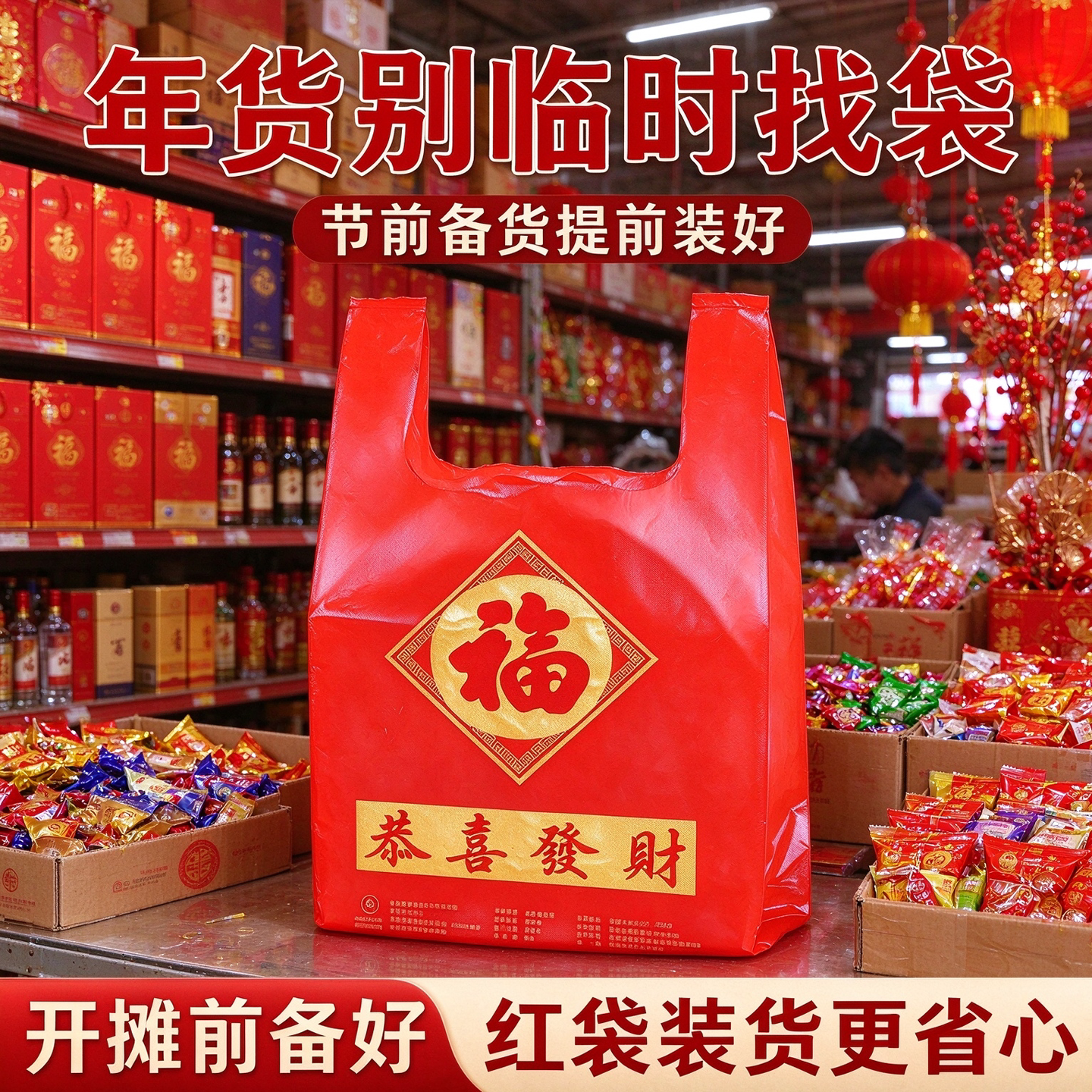 新春商用囤货红背心袋福字过年送礼特产酒水年货加厚塑料手提礼袋