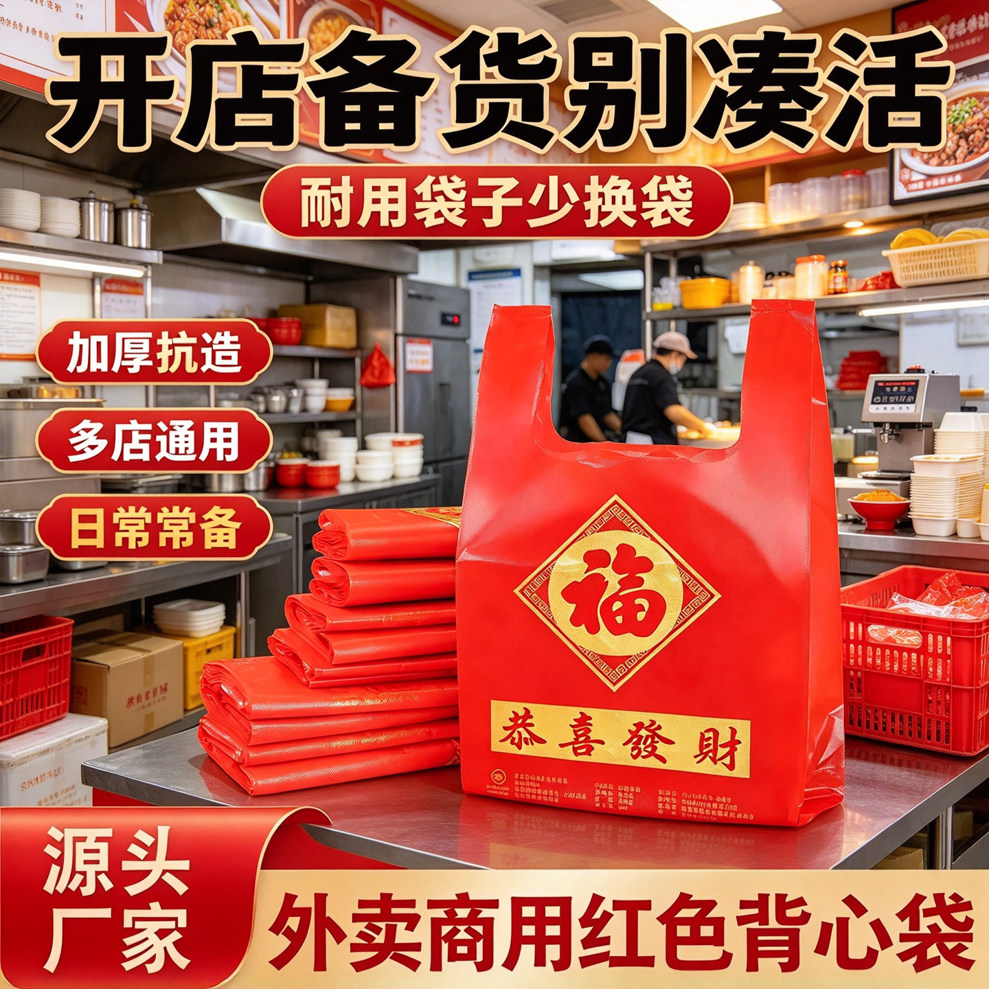 福字红色背心打包袋餐饮外卖袋卤菜汤粉手提袋加厚耐油商用塑料袋