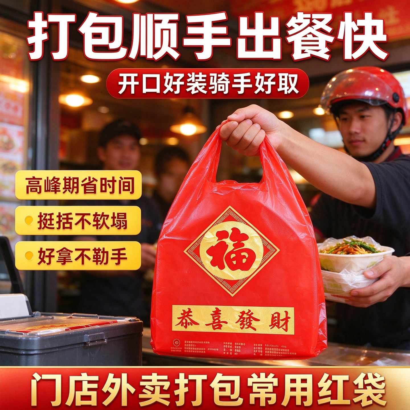 红色福字袋加厚背心袋川味熟食冒菜外卖袋防油防漏耐造红色食品袋
