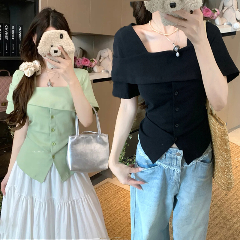 大码短袖t恤夏季小个子微胖妹妹遮肉显瘦设计感褶皱方领修身上衣