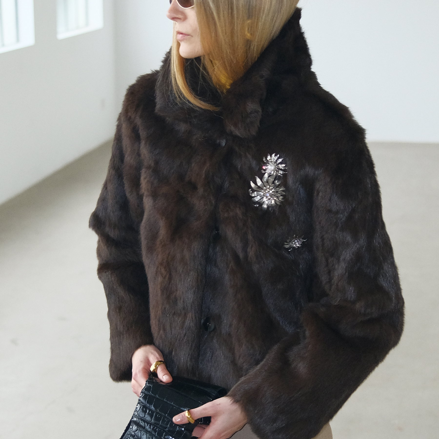 小翻领兔毛皮草外套