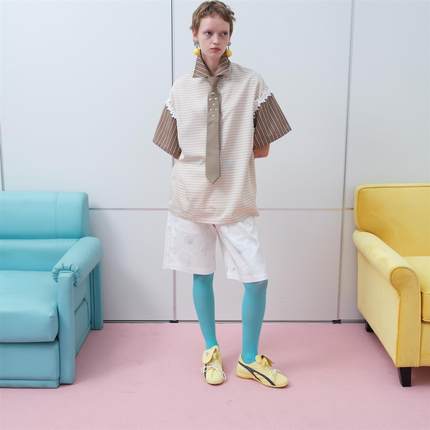 RedRef 条纹拼接花朵蕾丝POLO衫短袖衬衫上衣女新款