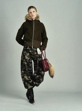 RedRef 纯澳毛苔藓绿短款拼接毛领夹克外套