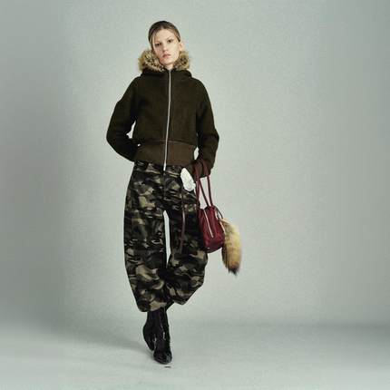 RedRef 纯澳毛苔藓绿短款拼接毛领夹克外套