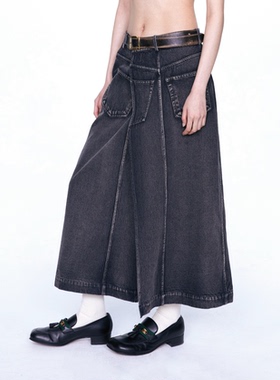 redref 周雨彤同款 水洗黑自然腰开叉双面穿着牛仔裙