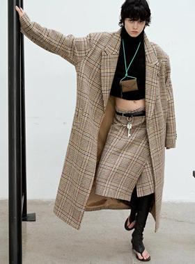 redref 羊毛千鸟格浅棕廓形大衣