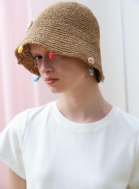 RedRef 可爱撞色陶瓷海洋编织遮阳帽防晒帽子女夏新款