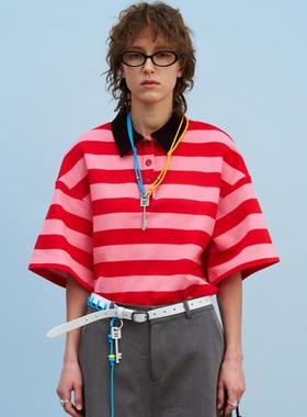 redref 条纹拼接黑领两色撞色Polo衫