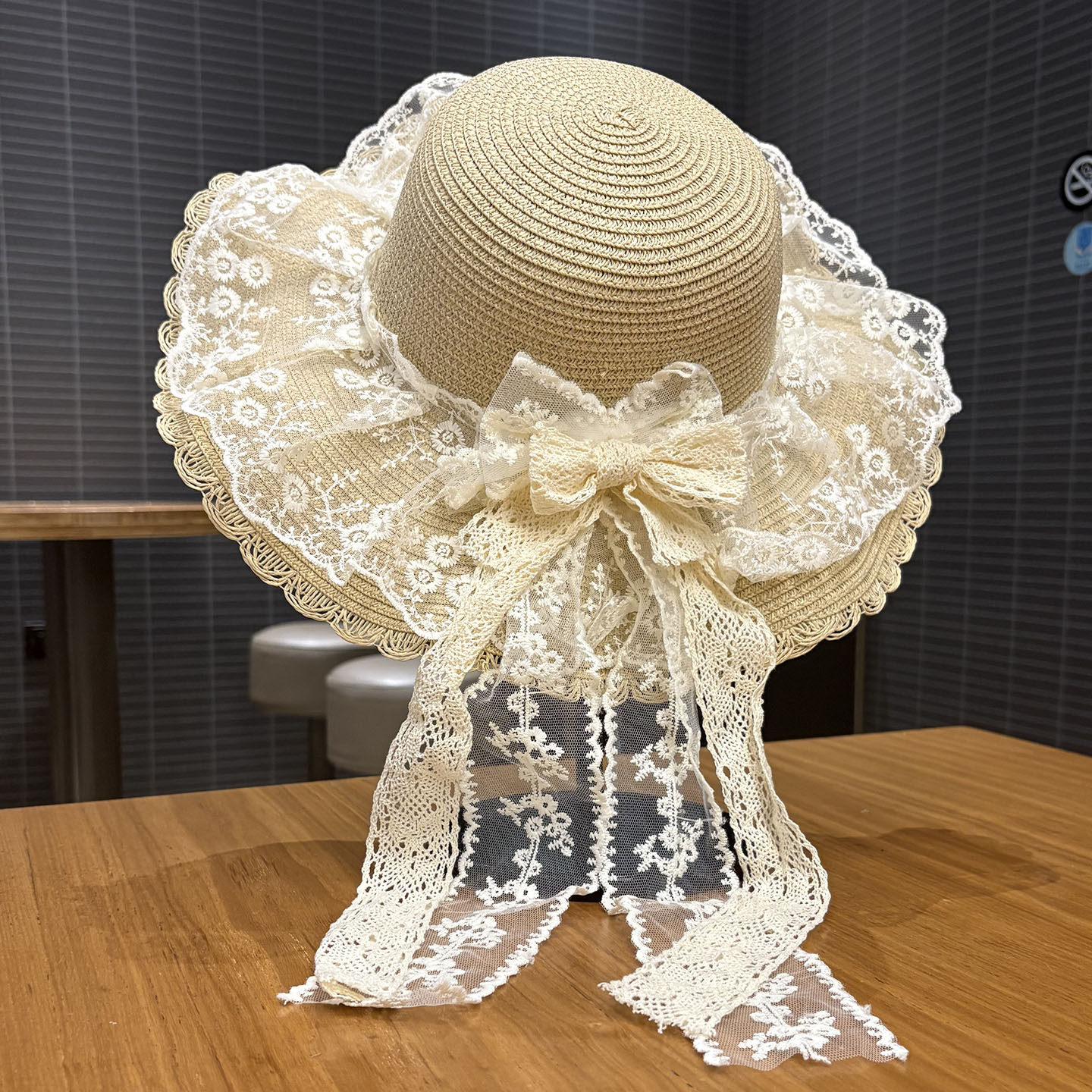 夏季海边沙滩户外草帽蕾丝蝴蝶结遮阳防晒帽防紫外线太阳草帽子女