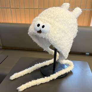 可爱搞怪大眼睛毛绒帽子女秋冬季百搭保暖辫子毛线针织帽学生情侣