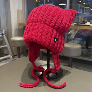 韩国简约小众猫耳朵针织护耳帽子女冬季百搭保暖辫子毛线套头帽潮