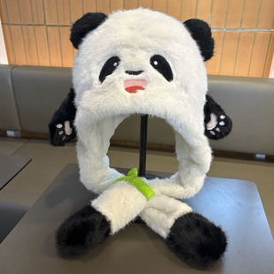 耳朵会动可爱熊猫帽子围巾一体冬季男孩女童宝宝加厚保暖防寒骑车