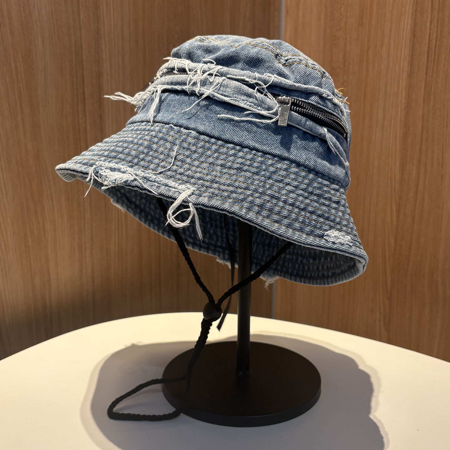 复古破洞拉链水洗牛仔渔夫帽女春夏防晒帽日系百搭显脸小遮阳盆帽