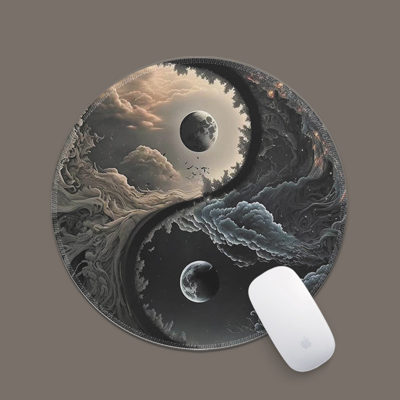 高颜值阴阳太极图创意水墨风锁边防滑加厚工作家用小号圆形鼠标垫
