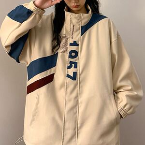 美式工装立领拼接外套女春秋2024新款百搭学生宽松印花夹克冲锋衣