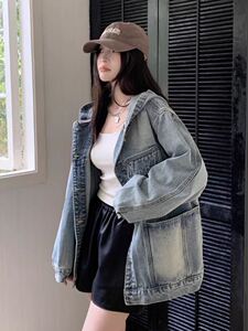 春秋季新款假两件牛仔外套男女同款连帽宽松美式潮牌百搭显瘦夹克