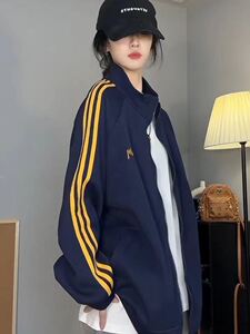 撞色拼接三条筋立领卫衣女春秋外套宽松中长款棒球服外穿运动开衫