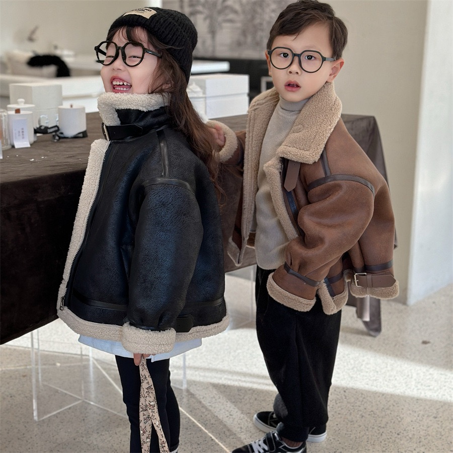 亲子儿童皮毛一体外套2025冬季新款男女童加厚保暖羊羔绒大衣棉袄