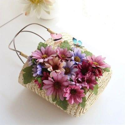 Handmade Flower Storage Bag Portable Straw Shoulder Woven