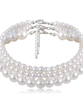 Multi-Layer White Imitation Pearl Necklace Bead Chain Punk