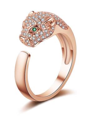 Leopard Panther Head Green Eye Opening Ring Micro-inlaid Cry