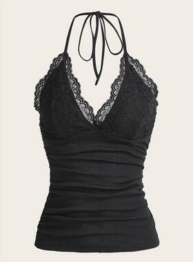 Goth Grunge Punk Black Lace Patchwork Halter Top Women Summe