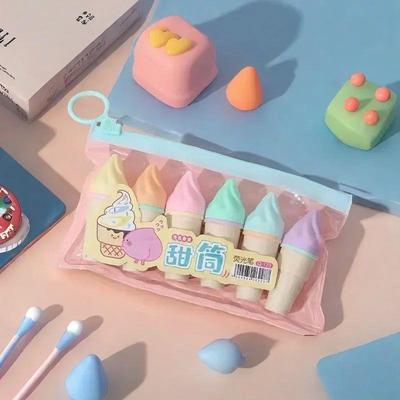 6Pcs Cute Ice Cream Highlighters Set Mini Marker Pens Kids S